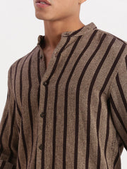 Men Mandarin Collar Vertical Stripes Brown Shirt-George-2518-Brown