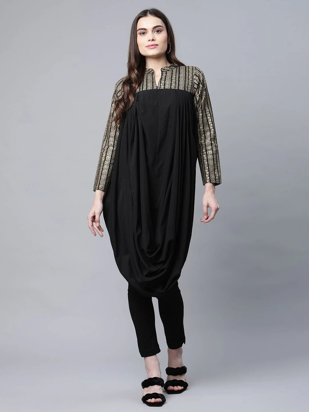 Black & Gold Print Cowl Style Indian Kurta - Stylish Kurtas