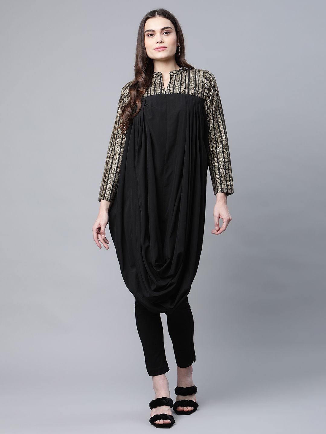 Black & Gold Print Cowl Style Indian Kurta - Stylish Kurtas