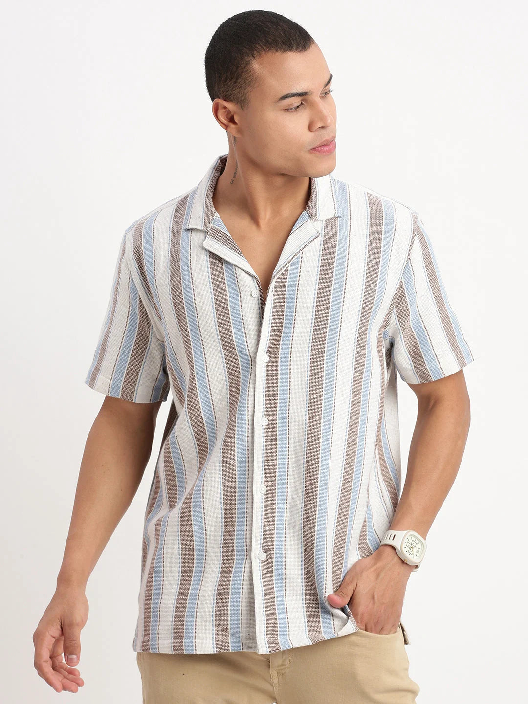 Striped White Cuban Collar Mens Shirt | DesiQlo