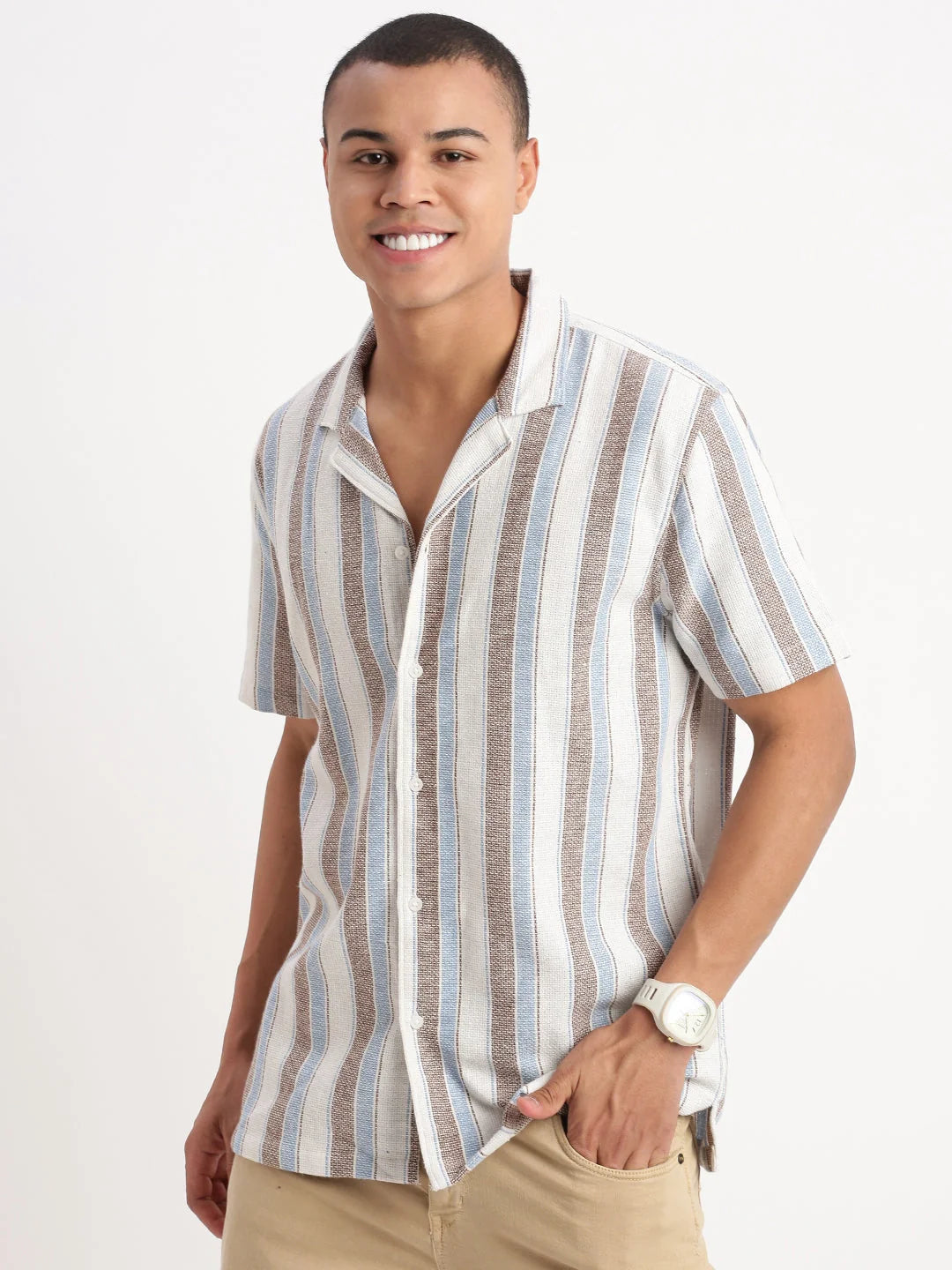 Striped White Cuban Collar Mens Shirt | DesiQlo
