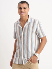 Men Cuban Collar Vertical Stripes White Shirt-Glen-2464-White