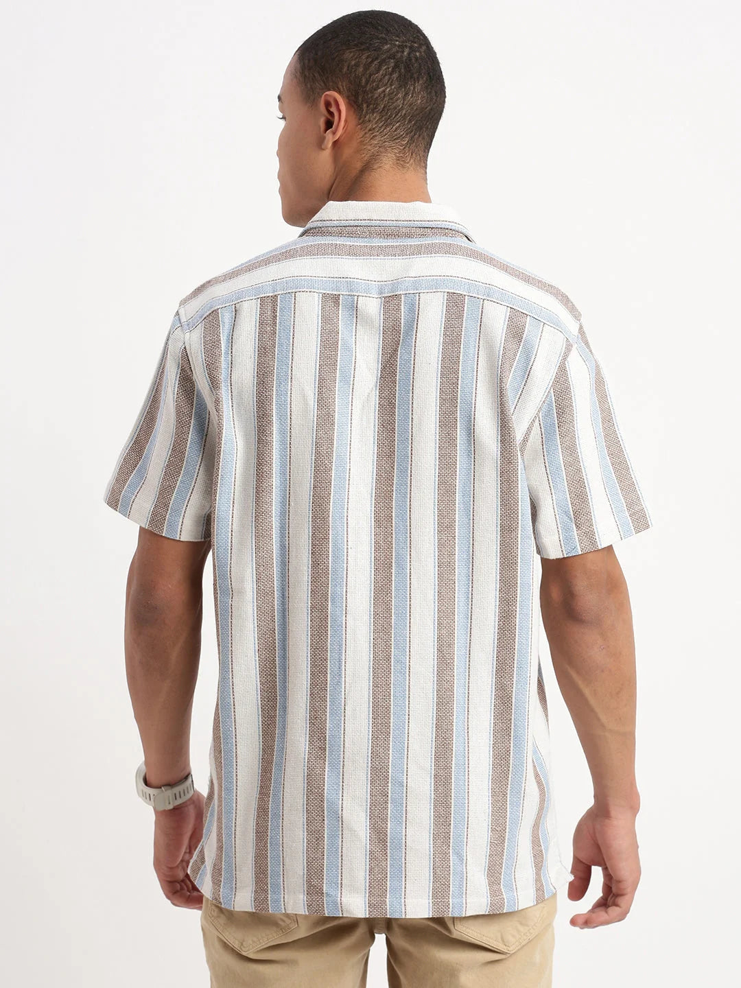 Striped White Cuban Collar Mens Shirt | DesiQlo