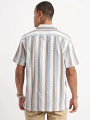 Men Cuban Collar Vertical Stripes White Shirt-Glen-2464-White