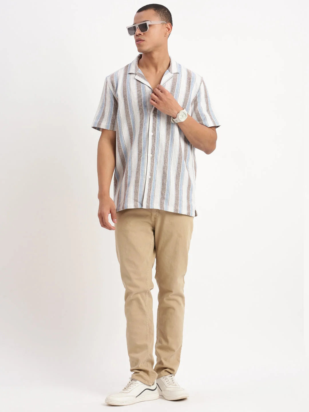 Striped White Cuban Collar Mens Shirt | DesiQlo