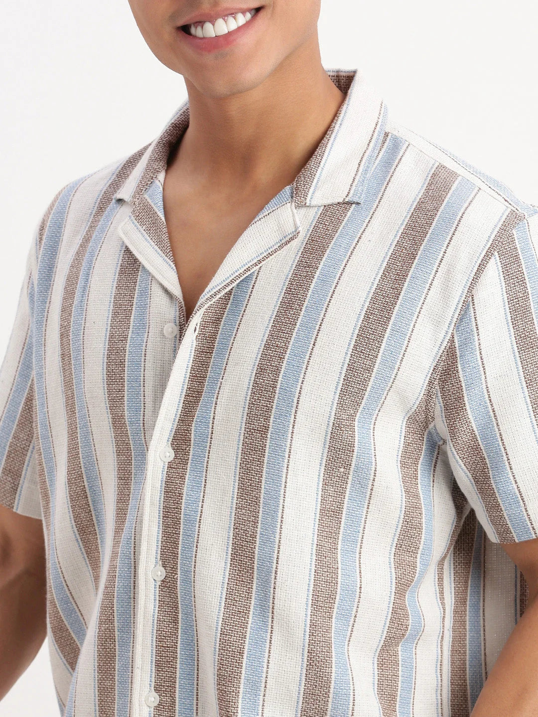 Striped White Cuban Collar Mens Shirt | DesiQlo