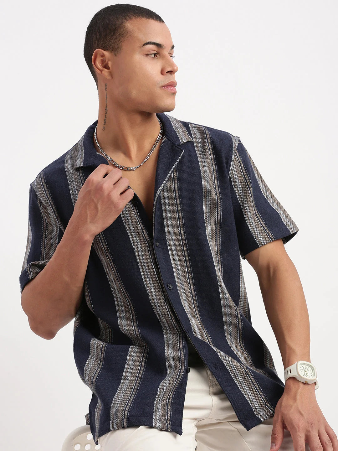 Navy Blue Striped Mens Shirt Cuban Collar | DesiQlo