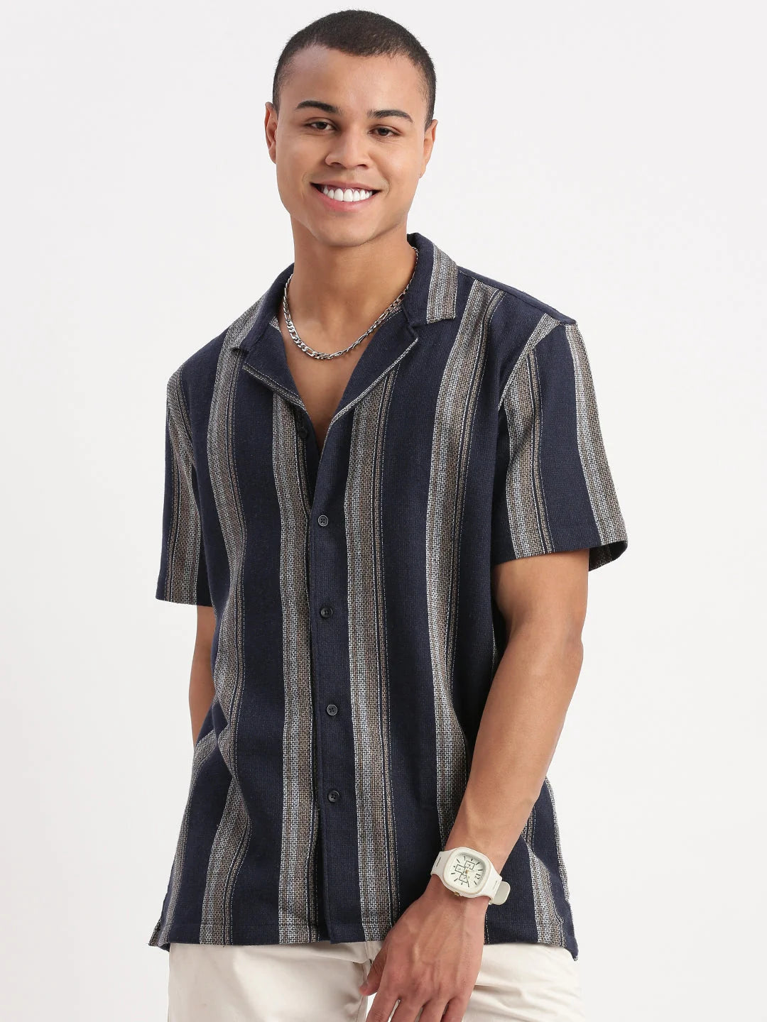 Navy Blue Striped Mens Shirt Cuban Collar | DesiQlo