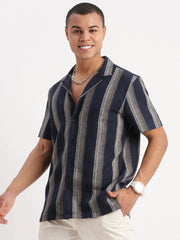 Men Cuban Collar Vertical Stripes Navy Blue Shirt-Glen-2471-Navyblue