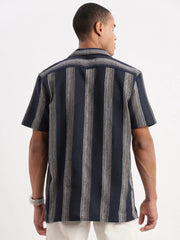 Men Cuban Collar Vertical Stripes Navy Blue Shirt-Glen-2471-Navyblue