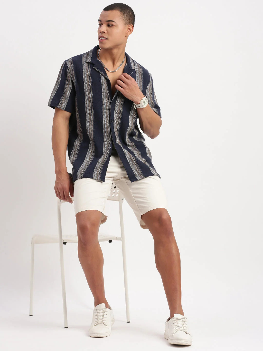 Navy Blue Striped Mens Shirt Cuban Collar | DesiQlo