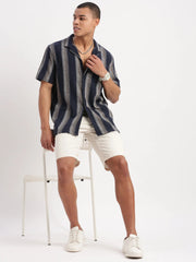 Men Cuban Collar Vertical Stripes Navy Blue Shirt-Glen-2471-Navyblue