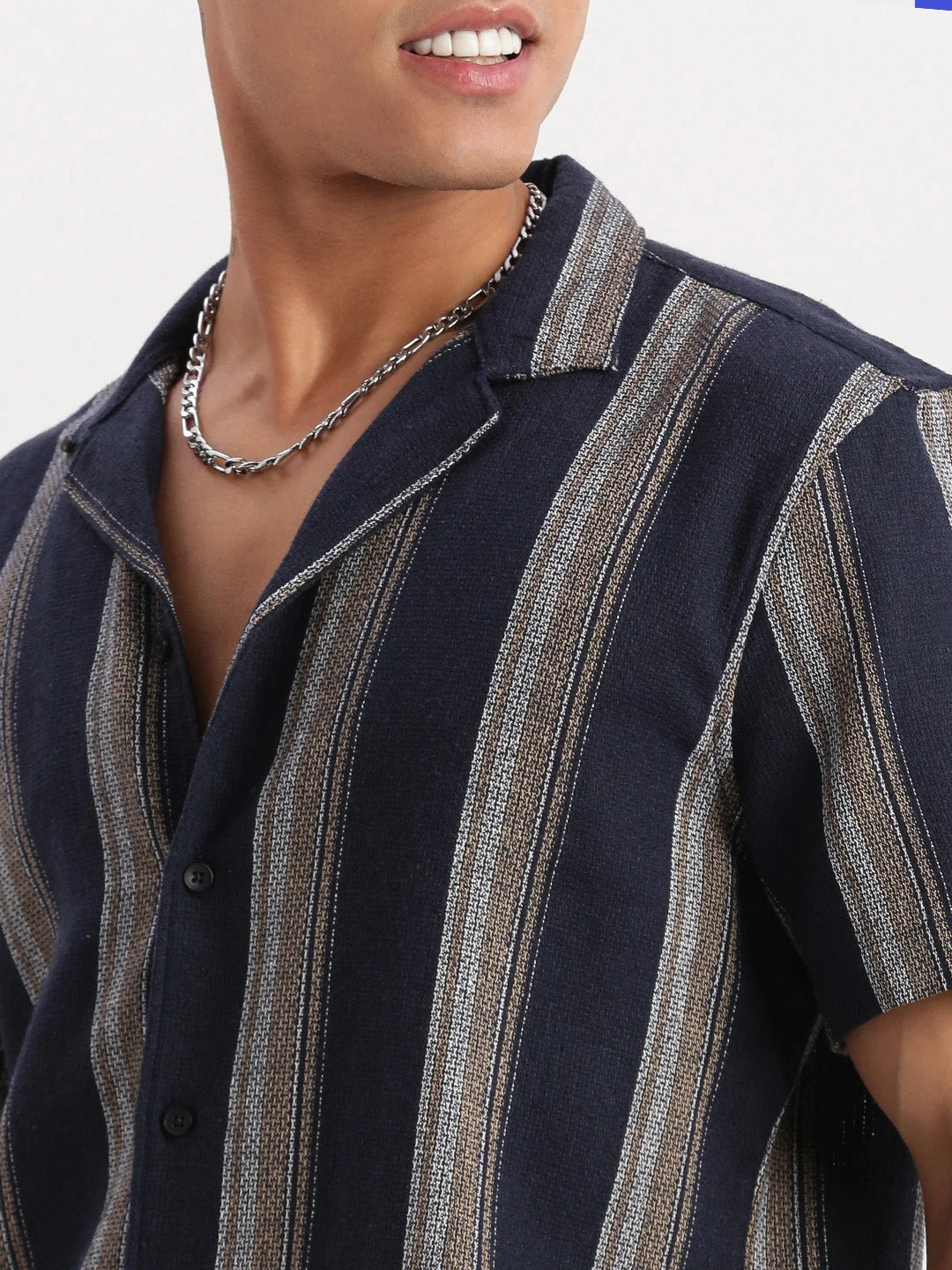 Navy Blue Striped Mens Shirt Cuban Collar | DesiQlo