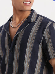 Men Cuban Collar Vertical Stripes Navy Blue Shirt-Glen-2471-Navyblue