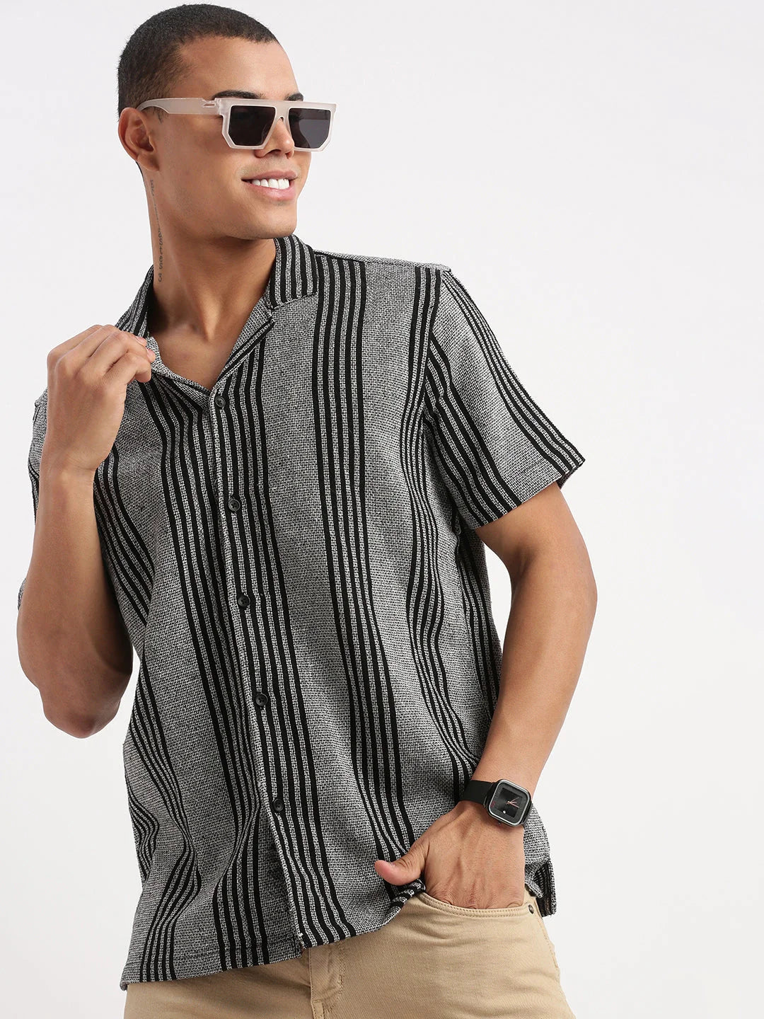 Grey Striped Mens Shirt with Cuban Collar | DesiQlo