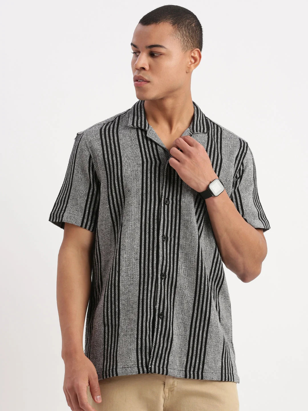 Grey Striped Mens Shirt with Cuban Collar | DesiQlo
