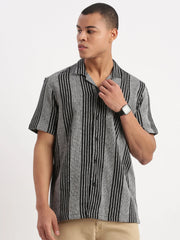 Men Cuban Collar Vertical Stripes Grey Shirt-Glen-2474-Grey