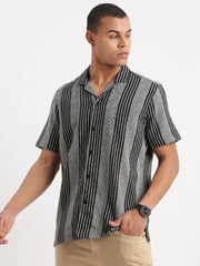 Men Cuban Collar Vertical Stripes Grey Shirt-Glen-2474-Grey