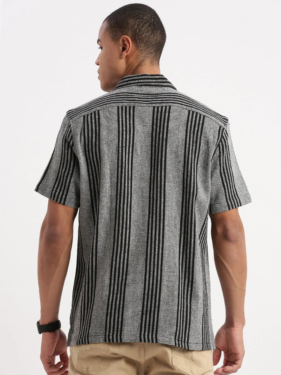 Grey Striped Mens Shirt with Cuban Collar | DesiQlo