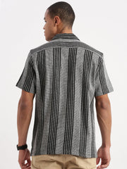 Men Cuban Collar Vertical Stripes Grey Shirt-Glen-2474-Grey