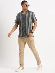 Men Cuban Collar Vertical Stripes Grey Shirt-Glen-2474-Grey