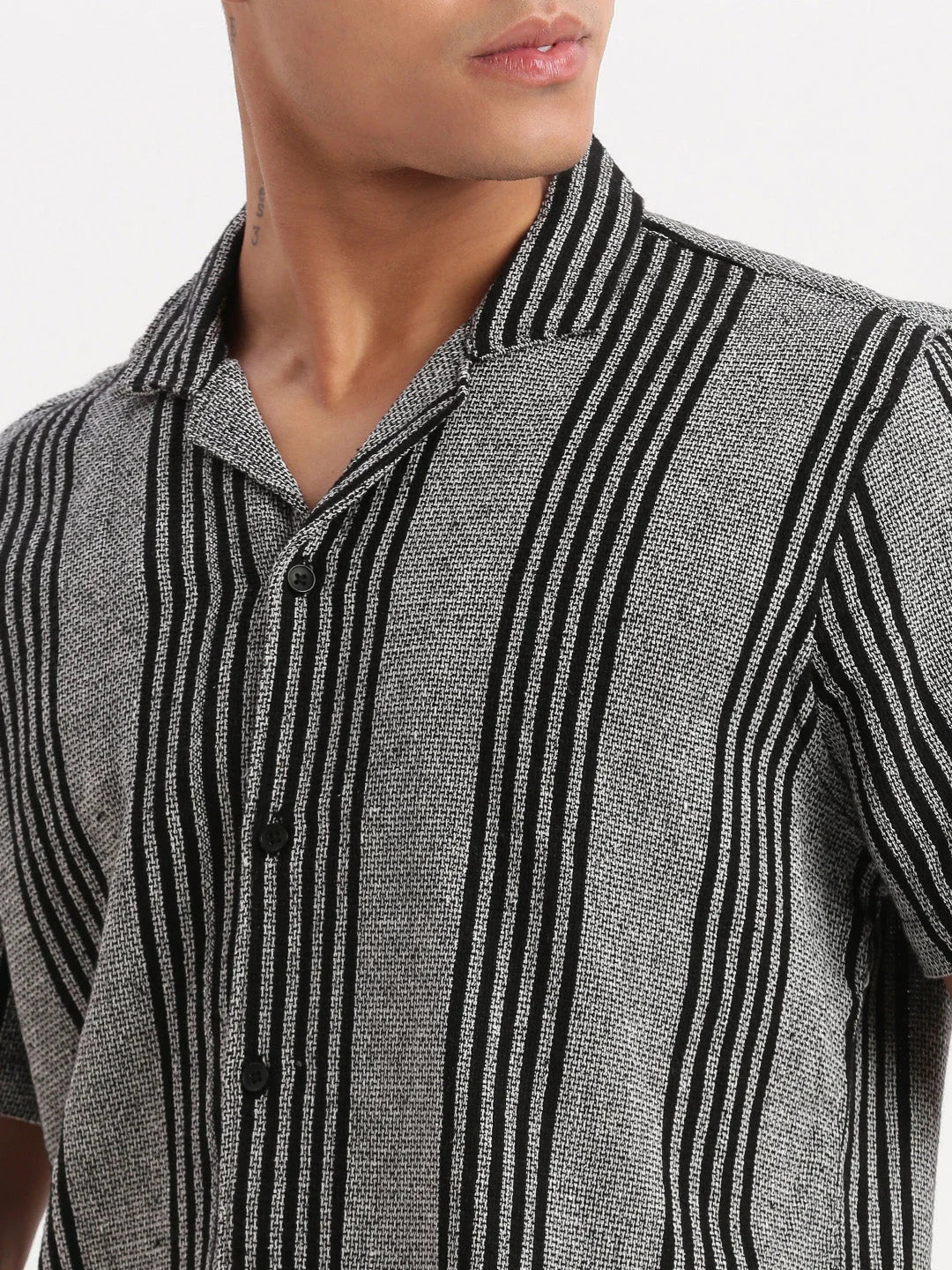 Grey Striped Mens Shirt with Cuban Collar | DesiQlo