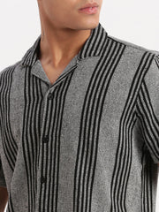 Men Cuban Collar Vertical Stripes Grey Shirt-Glen-2474-Grey