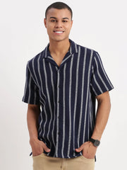 Men Cuban Collar Vertical Stripes Navy Blue Shirt-Glen-2479-Navyblue