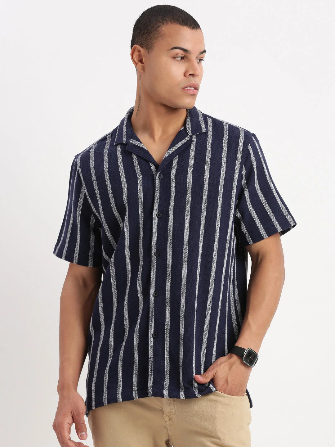 Stylish Navy Blue Striped Cuban Collar Mens Shirt | DesiQlo