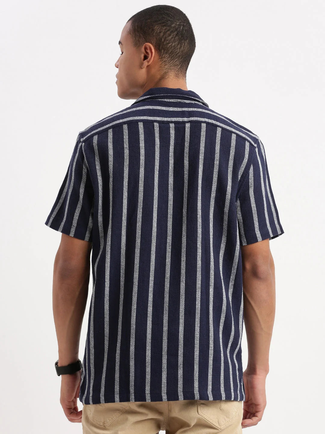 Stylish Navy Blue Striped Cuban Collar Mens Shirt | DesiQlo