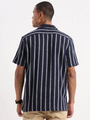 Men Cuban Collar Vertical Stripes Navy Blue Shirt-Glen-2479-Navyblue