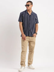 Men Cuban Collar Vertical Stripes Navy Blue Shirt-Glen-2479-Navyblue