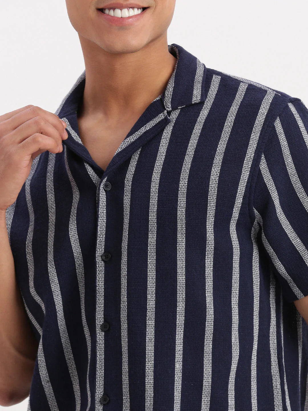 Stylish Navy Blue Striped Cuban Collar Mens Shirt | DesiQlo
