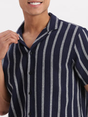Men Cuban Collar Vertical Stripes Navy Blue Shirt-Glen-2479-Navyblue