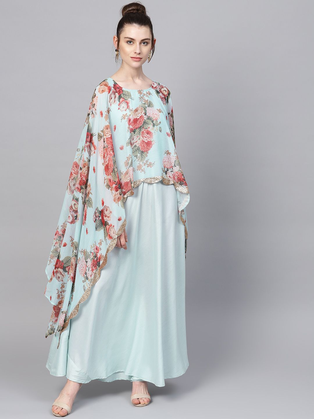 Aqua Blue Poly Silk Kurta With Attached Printed Dupatta-AHKUPSCFDP-785