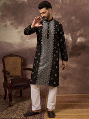 Ethnic Bay Men Black Silk Blend Solid Embroidered Straight Kurta With Pant Set-MKSET1370
