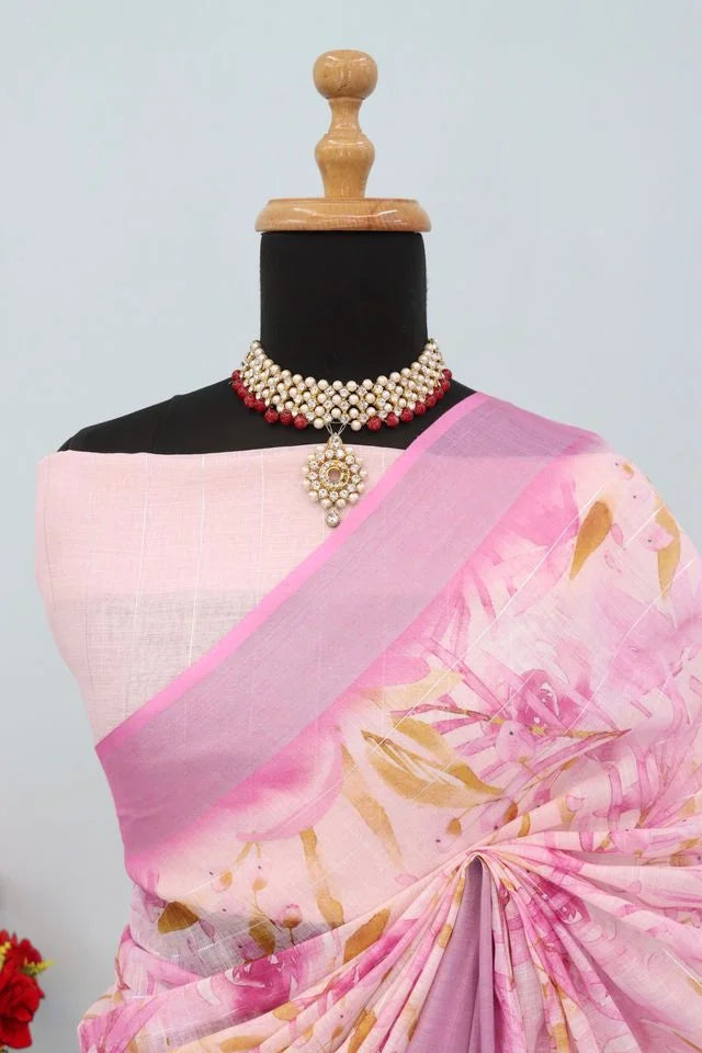 Linen Digital Print Pink Saree With Unstiched Blouse Piece