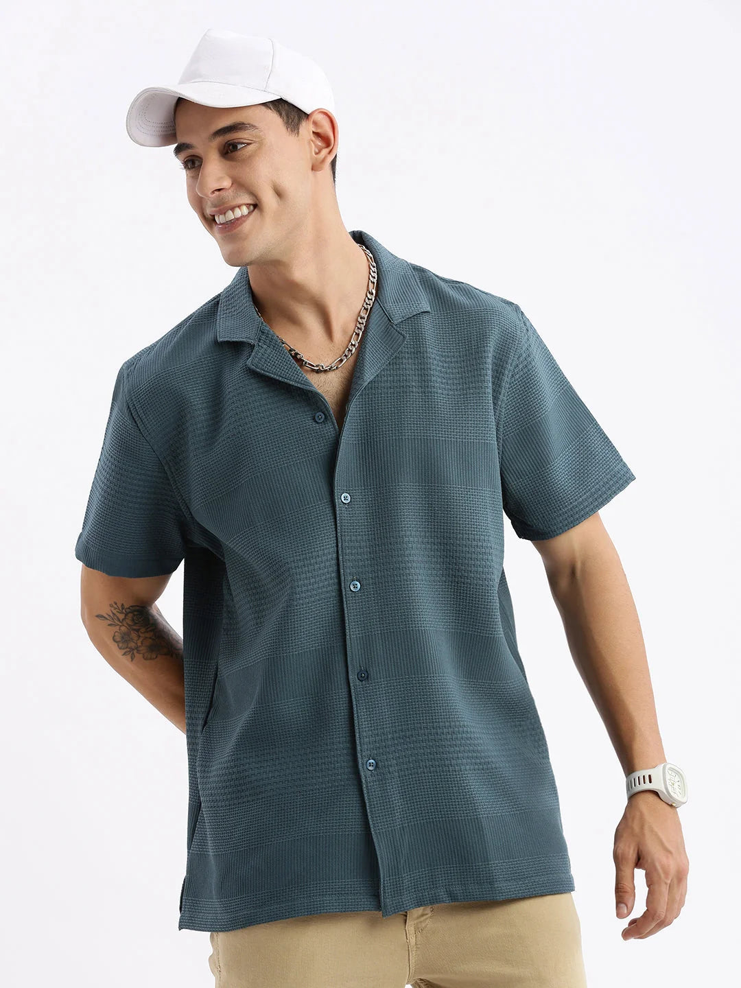 Teal Cuban Collar Cotton Mens Shirt | Relaxed Fit Shirt