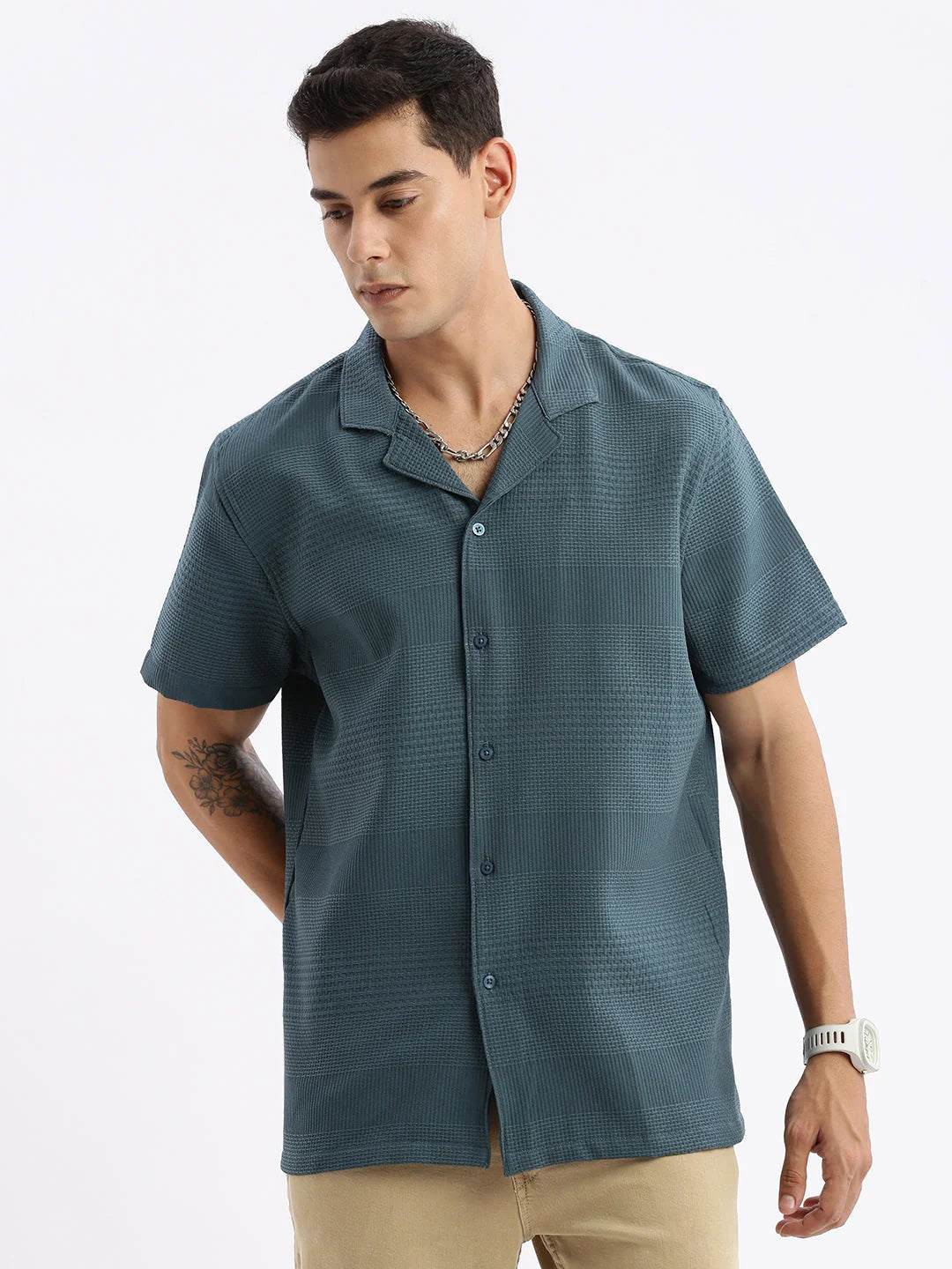 Teal Cuban Collar Cotton Mens Shirt | Relaxed Fit Shirt