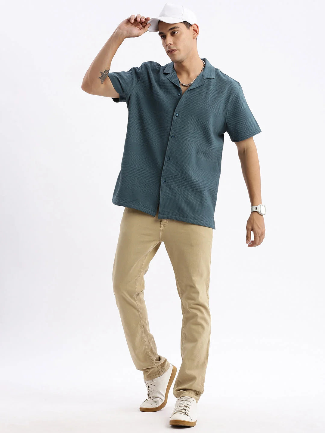 Teal Cuban Collar Cotton Mens Shirt | Relaxed Fit Shirt