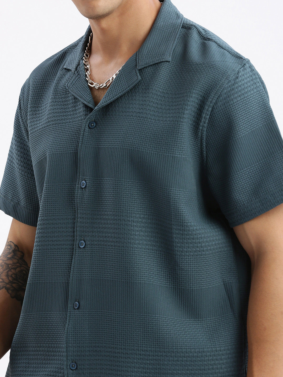 Teal Cuban Collar Cotton Mens Shirt | Relaxed Fit Shirt