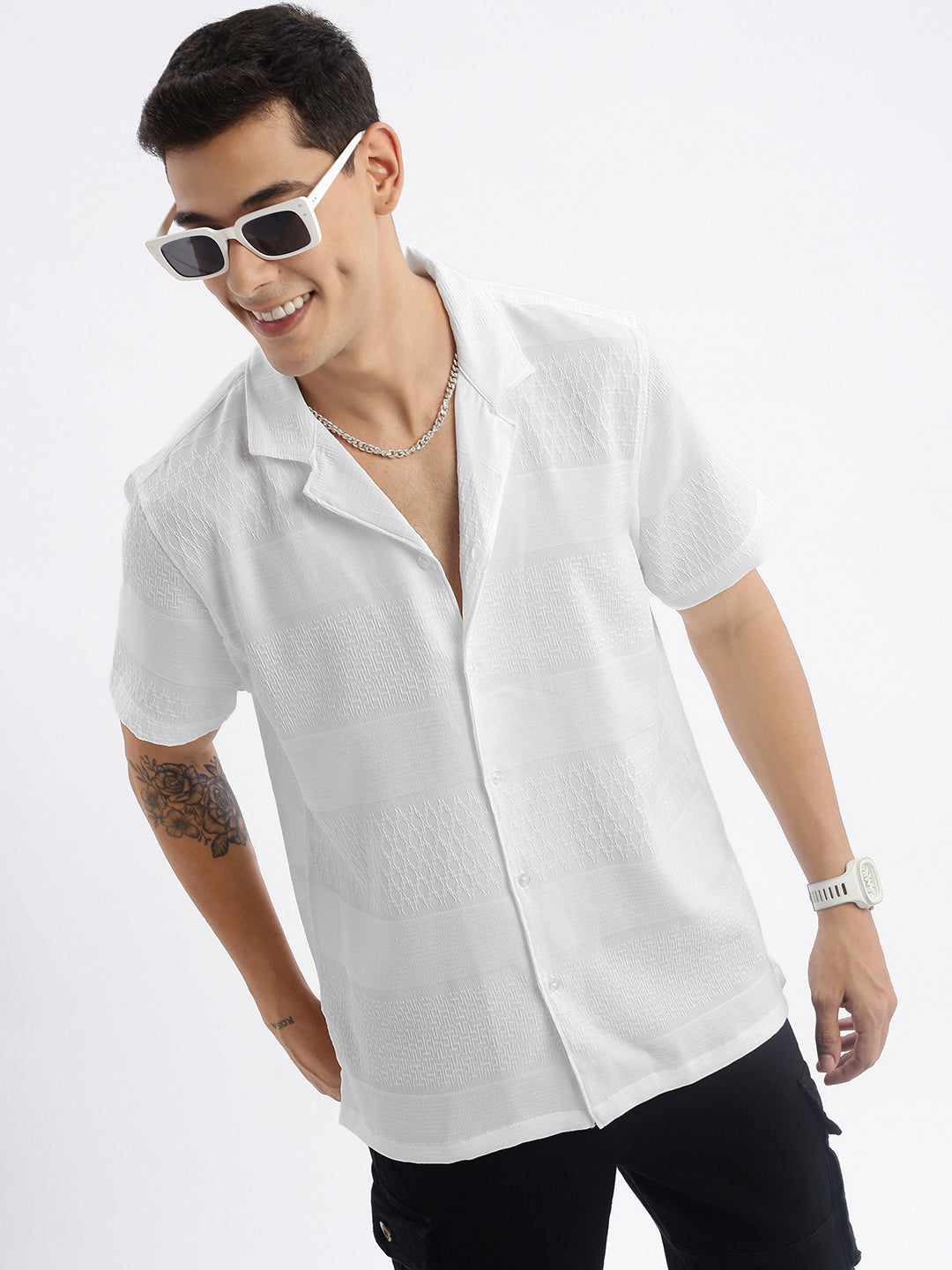Mens White Cuban Collar Cotton Shirt - Relaxed Fit Style