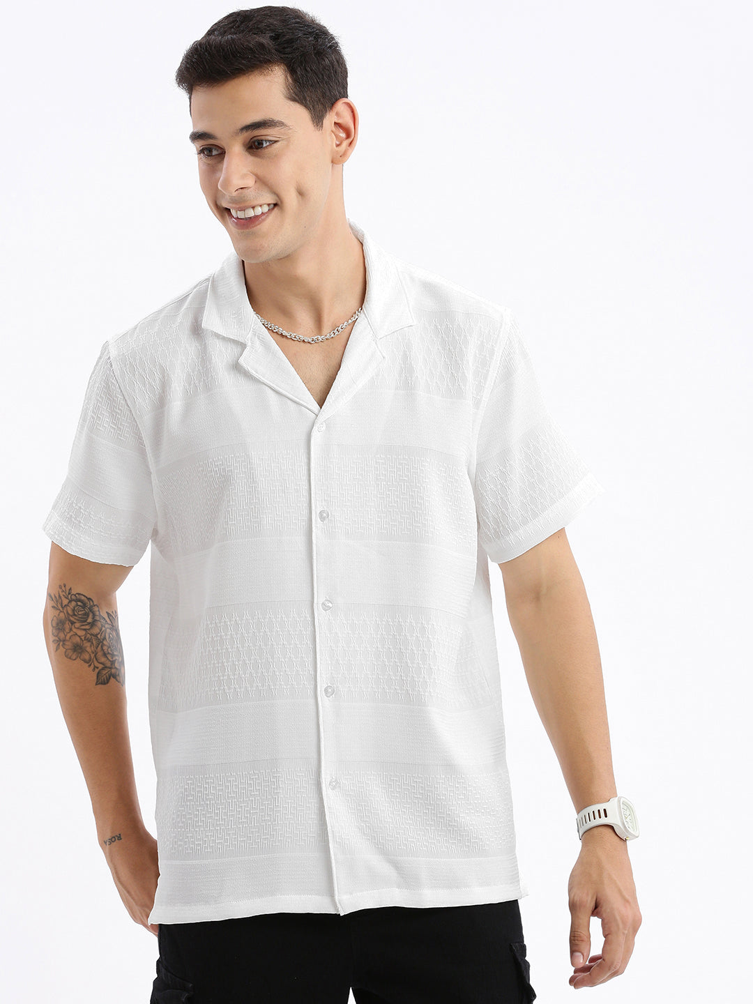 Mens White Cuban Collar Cotton Shirt - Relaxed Fit Style