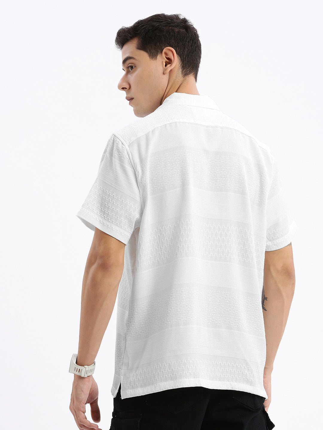 Mens White Cuban Collar Cotton Shirt - Relaxed Fit Style