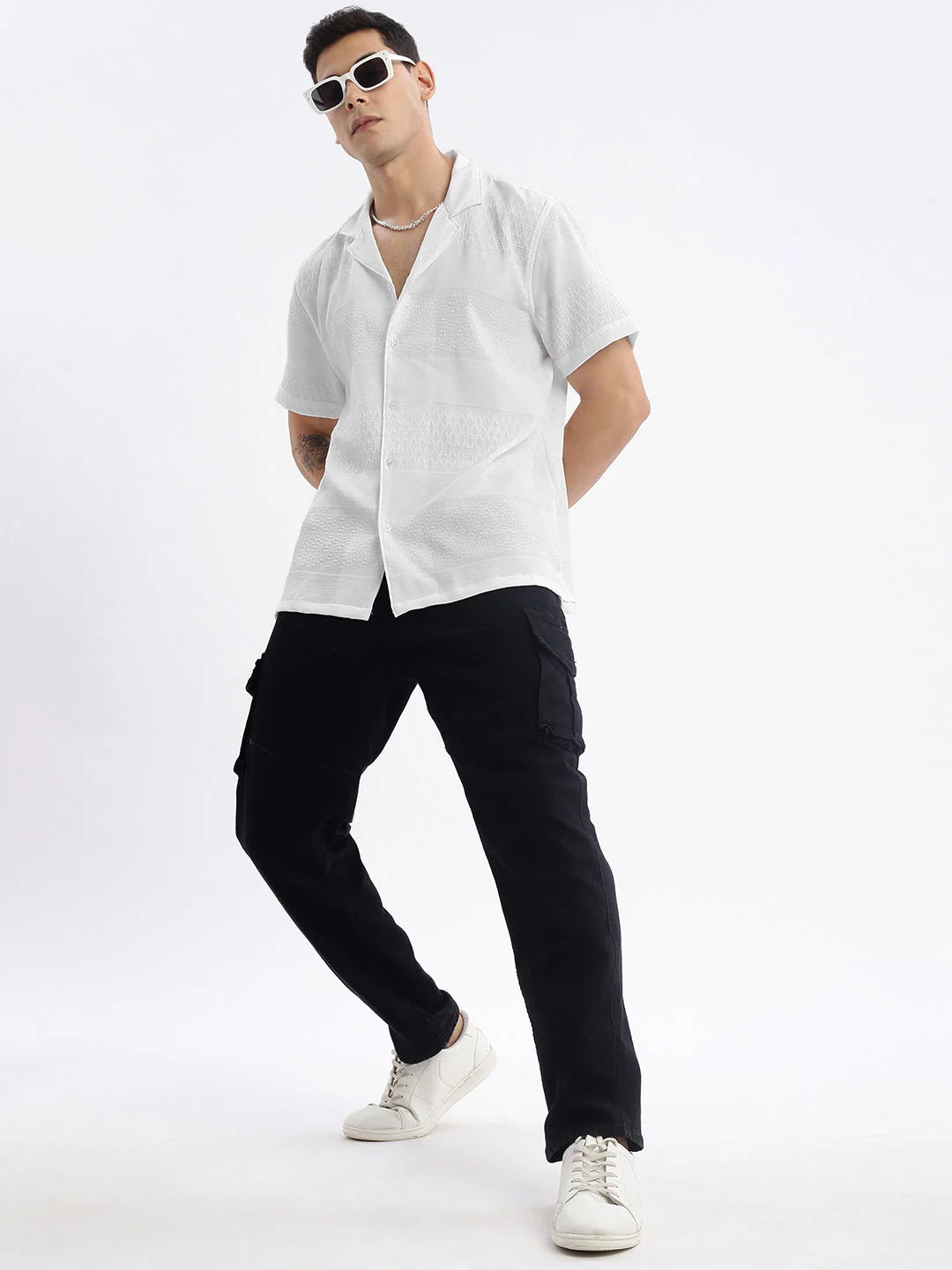 Mens White Cuban Collar Cotton Shirt - Relaxed Fit Style
