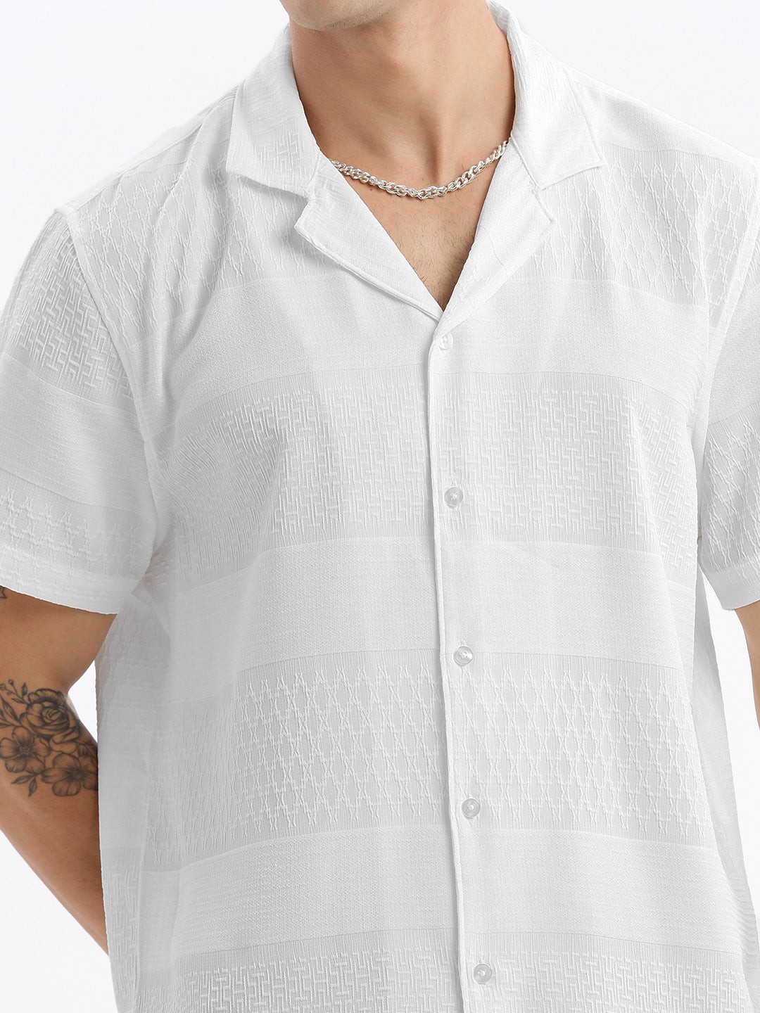 Mens White Cuban Collar Cotton Shirt - Relaxed Fit Style