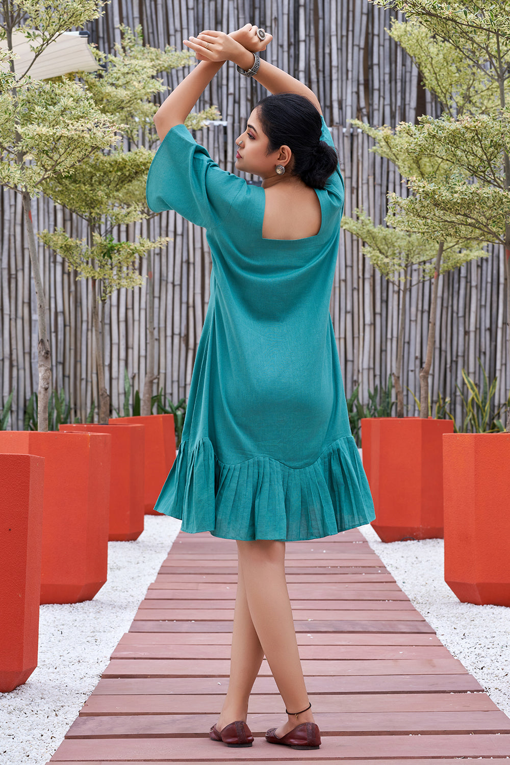 Plus Size Green Hand Painted Square Neck Cotton Dress