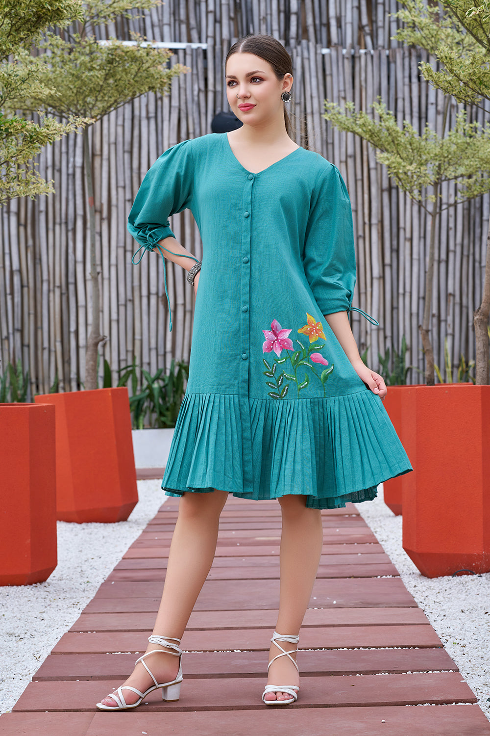 Plus Size Jade Green Cotton Hand Painted V-Neck Dress