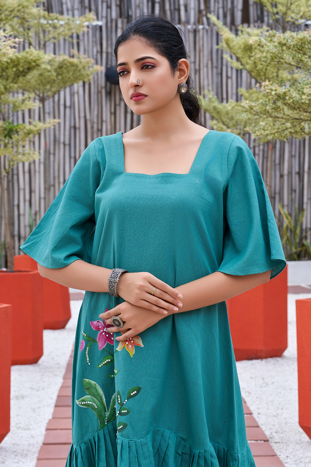 Plus Size Green Hand Painted Square Neck Cotton Dress