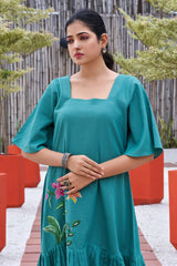 Plus Size Green Hand Painted Square Neck Cotton Dress-CL-SW-3046